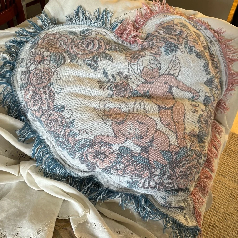 Oversized Vintage Quilt Tapestry Turned into Heart Shaped Cherub Pillow w Fringe